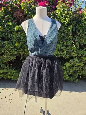 BCBGeneration Tweed Tulle Mini Dress Women's 8 Black Teal V Neck Strappy